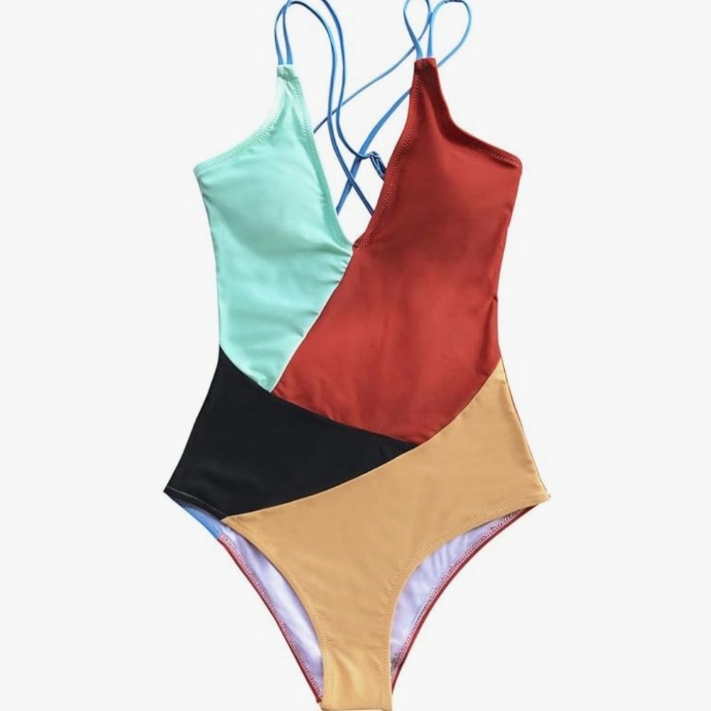 CUPSHE Women's Colorblocked Strappy V Neck One Piece Swimsuit